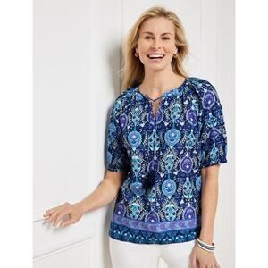 Talbots Size M Pleated Sleeve Top Floret Medallion Elbow Sleeve Split Neck Blue